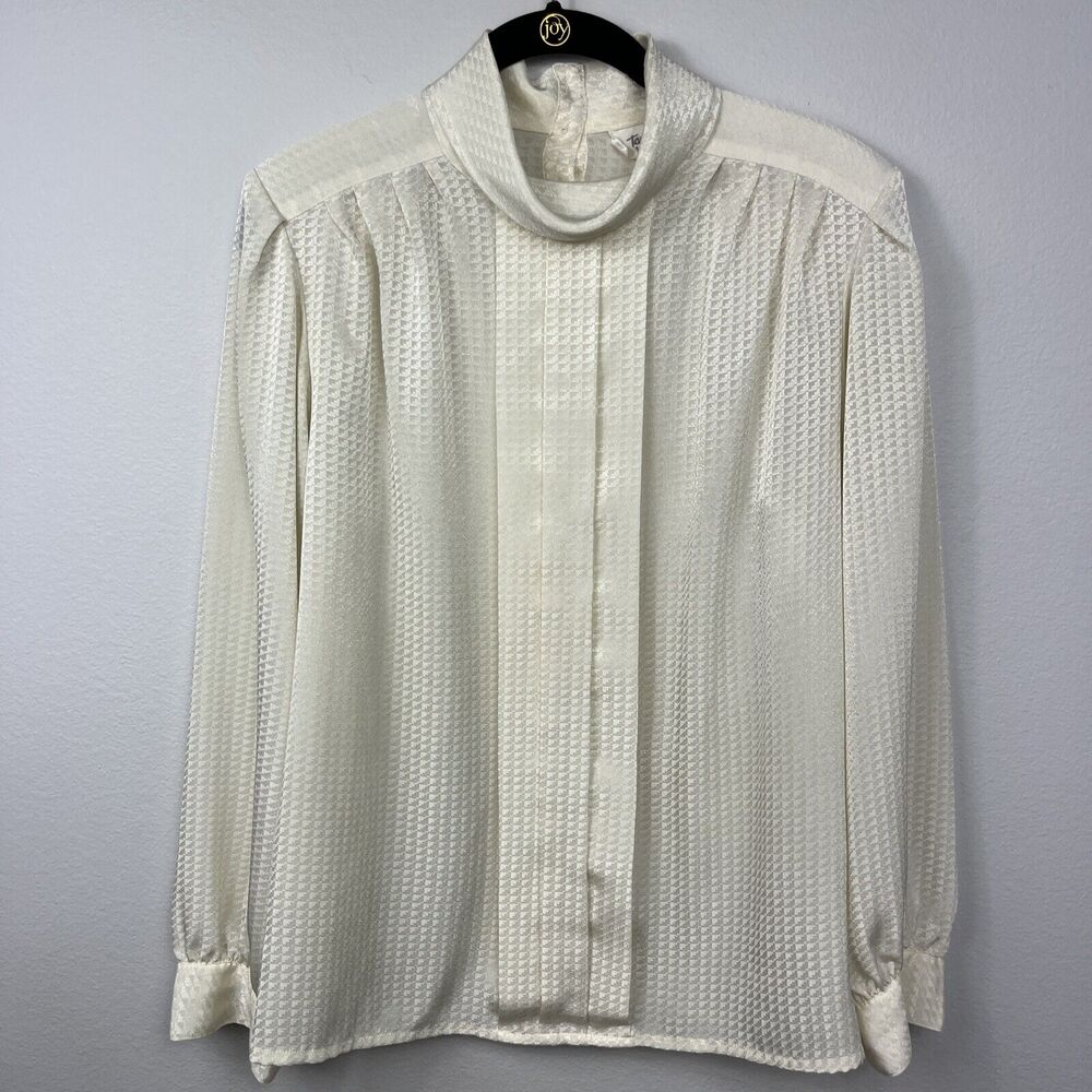 Vintage 1980's Cream Shoulder Padded Blouse Back Button Tan Flay 100% Polyester